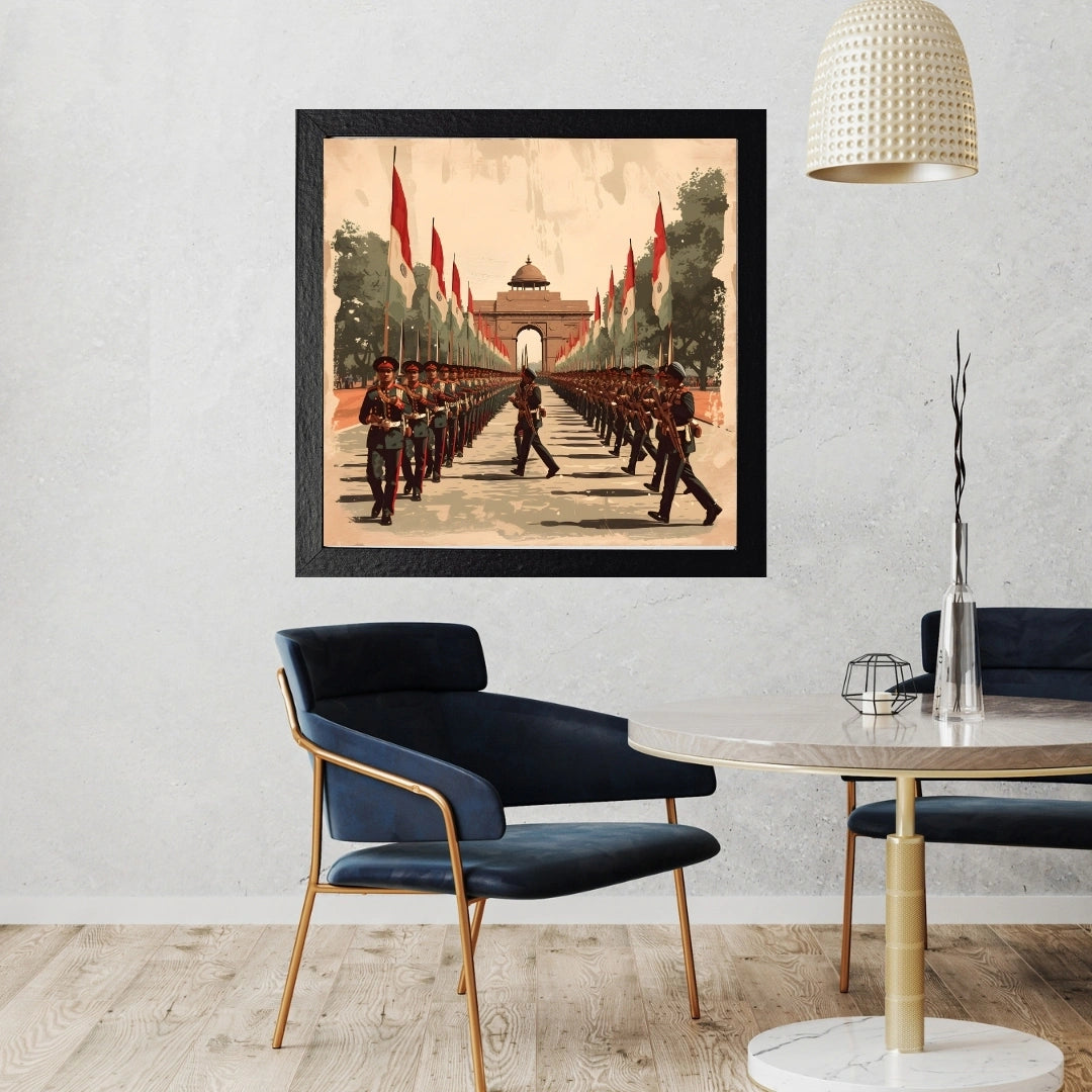 India Gate Republic Day Parade Wall Art – 3x3 ft Patriotic Army March Canvas | Indian Armed Forces Illustration | Made in India