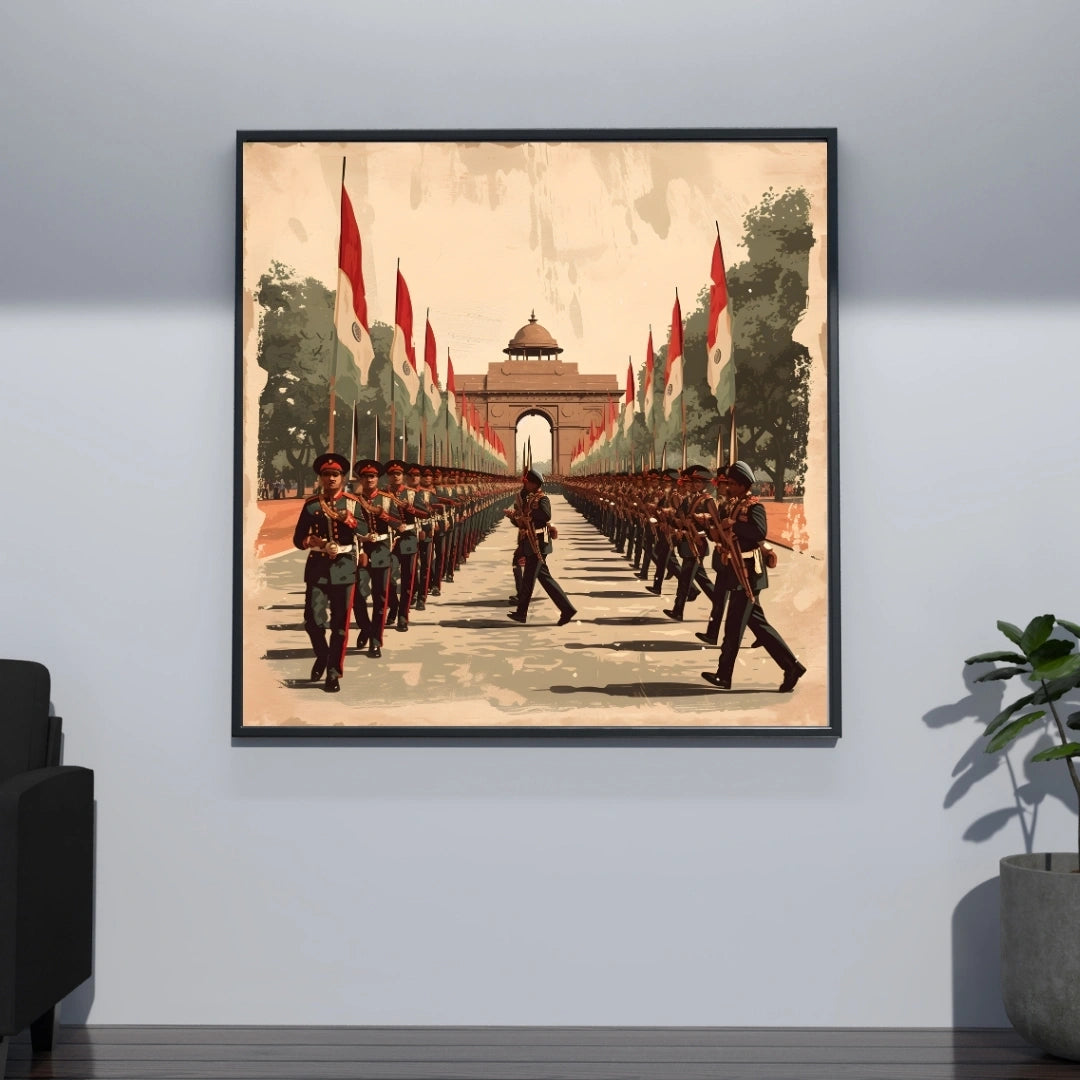 India Gate Republic Day Parade Wall Art – 3x3 ft Patriotic Army March Canvas | Indian Armed Forces Illustration | Made in India