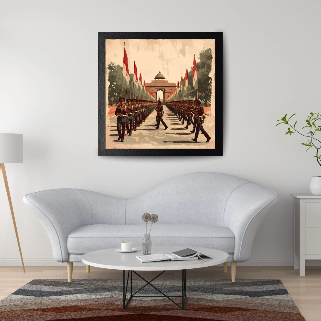 India Gate Republic Day Parade Wall Art – 3x3 ft Patriotic Army March Canvas | Indian Armed Forces Illustration | Made in India