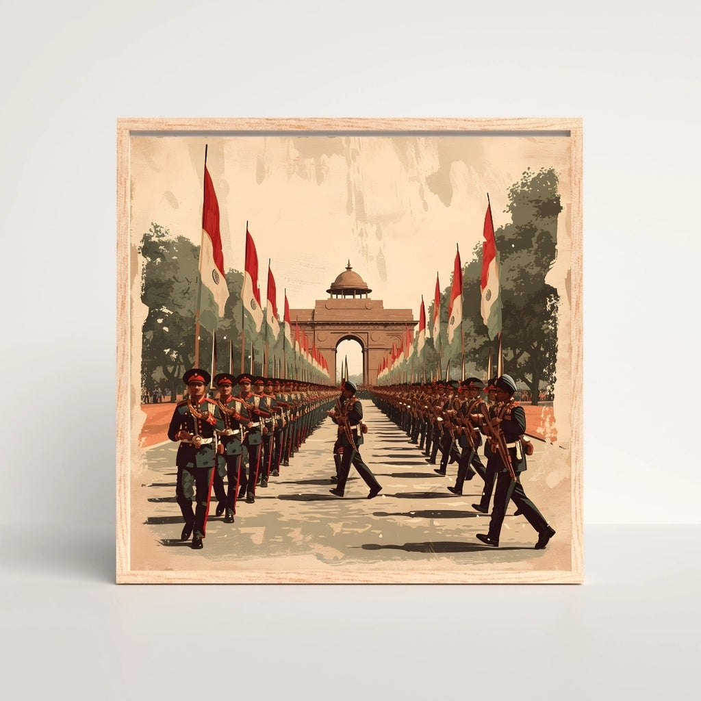 India Gate Republic Day Parade Wall Art – 3x3 ft Patriotic Army March Canvas | Indian Armed Forces Illustration | Made in India