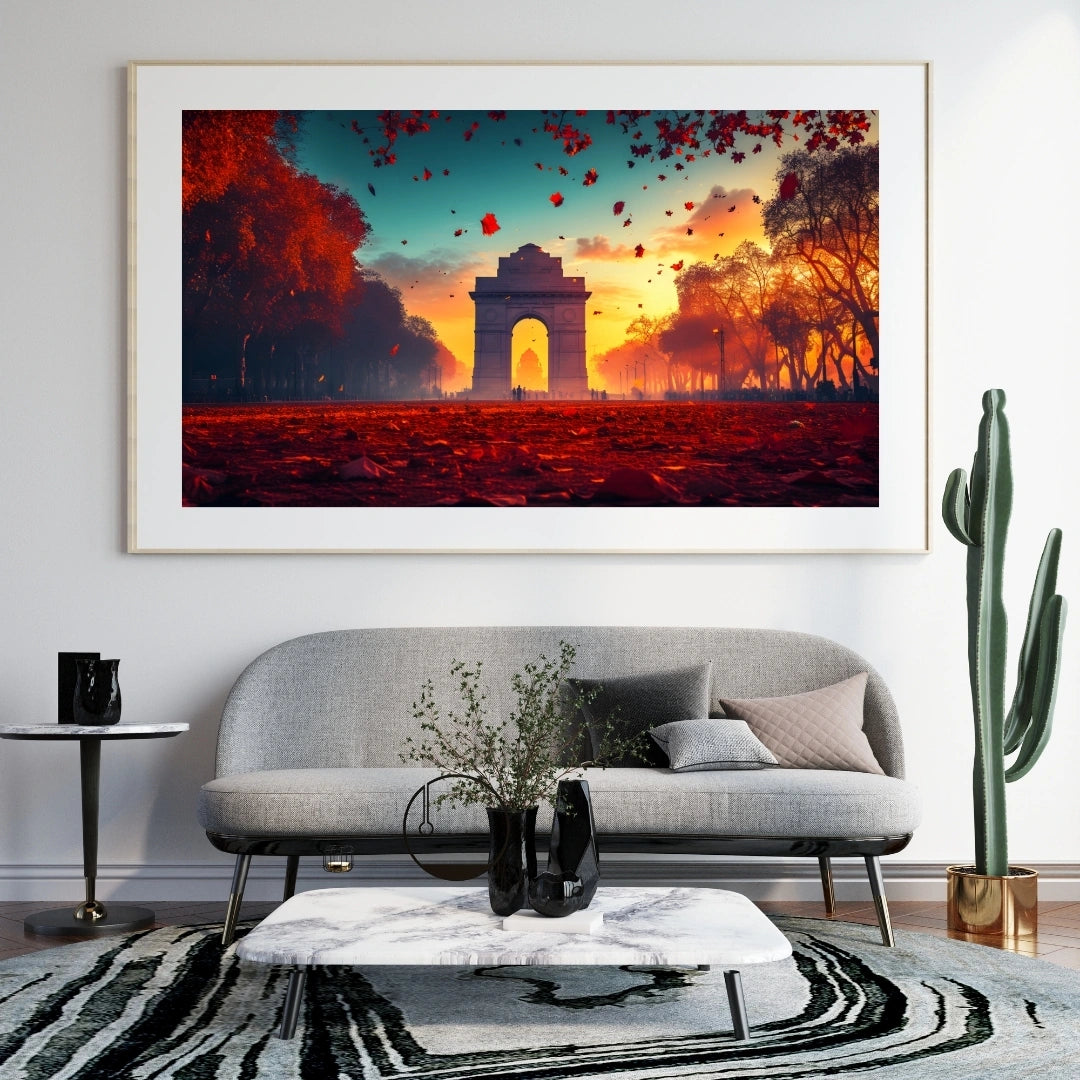 India Gate Sunset Wall Art – 2x4 ft Vibrant Delhi Landmark Canvas | Autumn Evening Cityscape Painting | Made in India