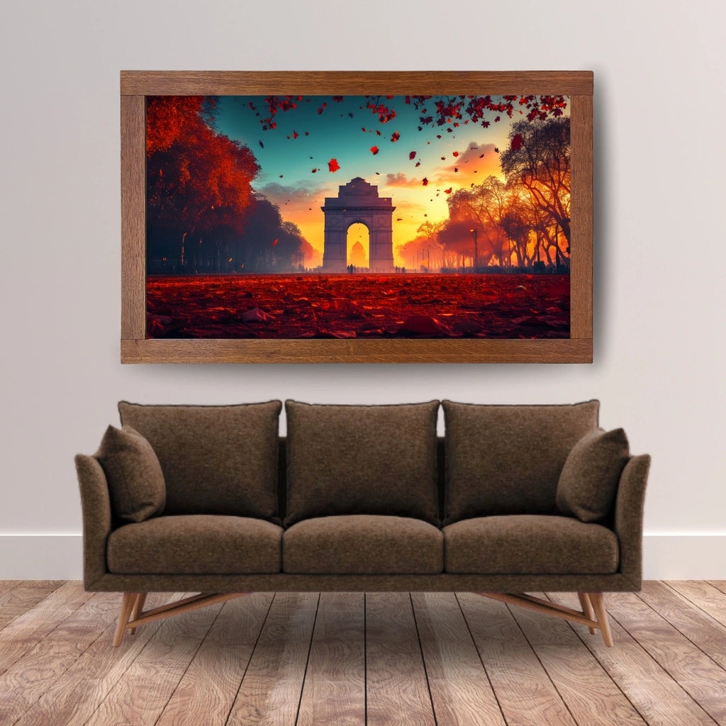 India Gate Sunset Wall Art – 2x4 ft Vibrant Delhi Landmark Canvas | Autumn Evening Cityscape Painting | Made in India