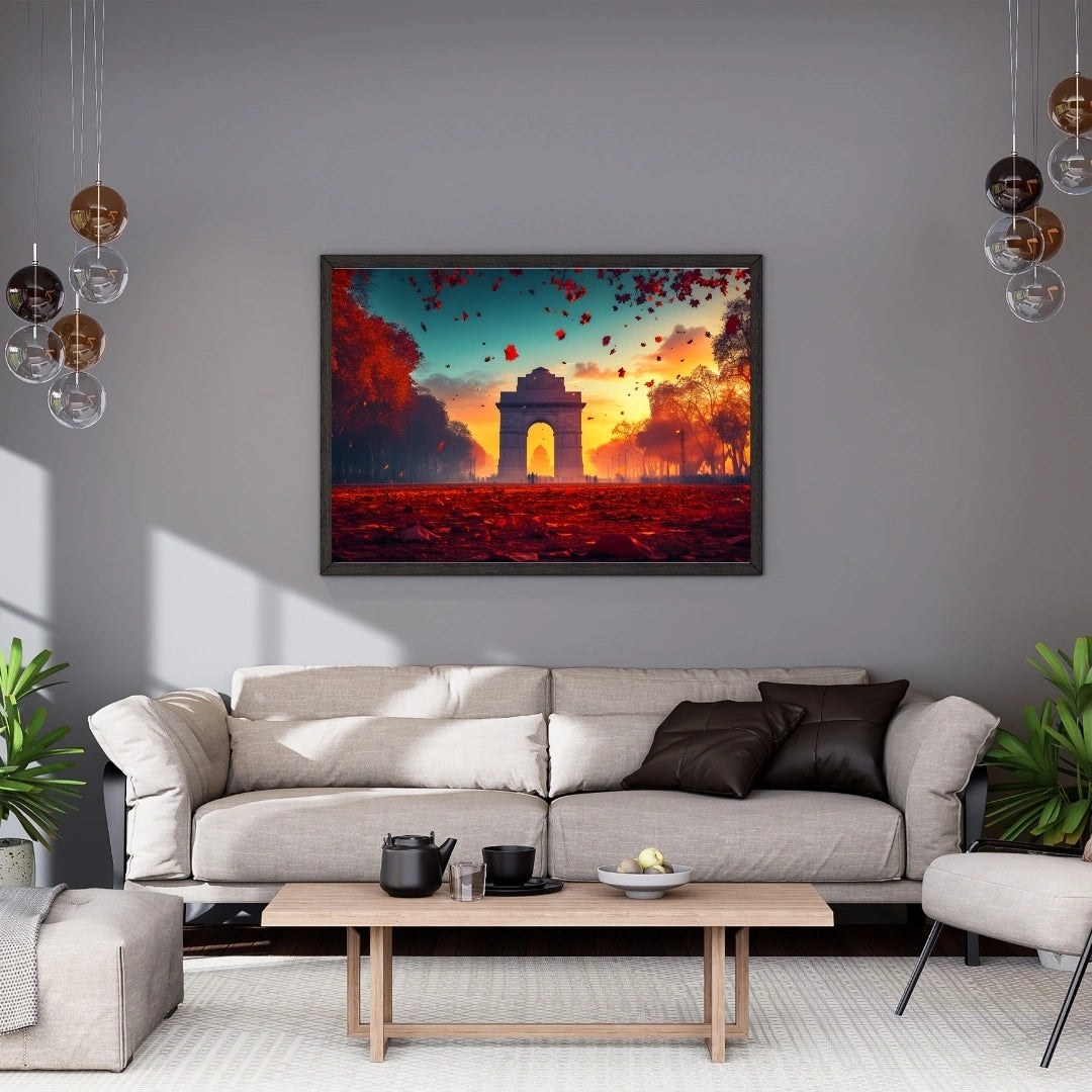 India Gate Sunset Wall Art – 2x4 ft Vibrant Delhi Landmark Canvas | Autumn Evening Cityscape Painting | Made in India