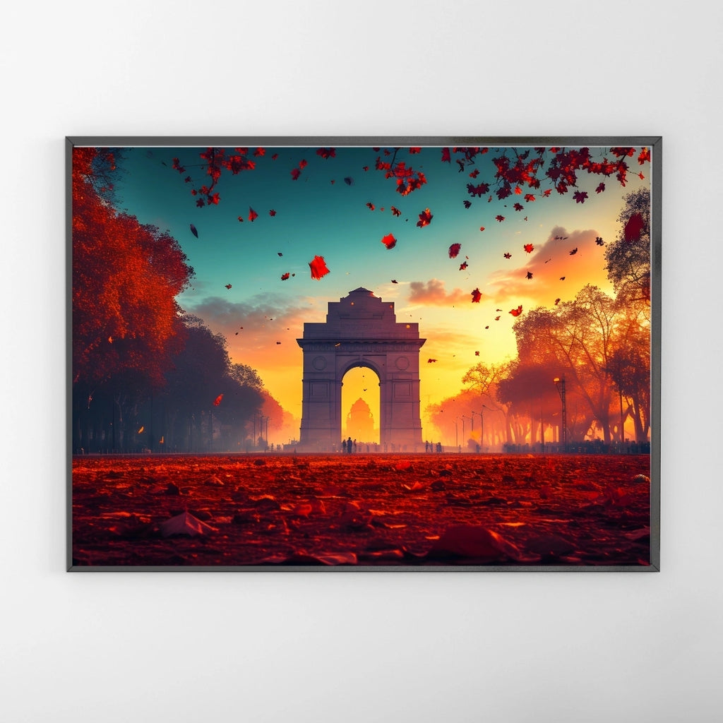 India Gate Sunset Wall Art – 2x4 ft Vibrant Delhi Landmark Canvas | Autumn Evening Cityscape Painting | Made in India