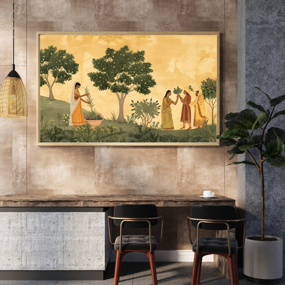 Indian Miniature Garden Scene Wall Art – 2x4 ft Traditional Rajasthani Painting Canvas | Nature & Royal Lifestyle Artwork | Made in India