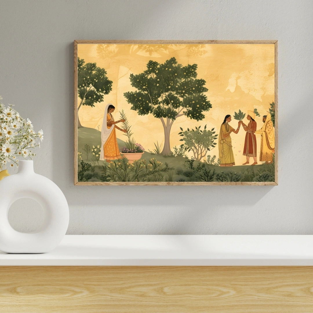 Indian Miniature Garden Scene Wall Art – 2x4 ft Traditional Rajasthani Painting Canvas | Nature & Royal Lifestyle Artwork | Made in India