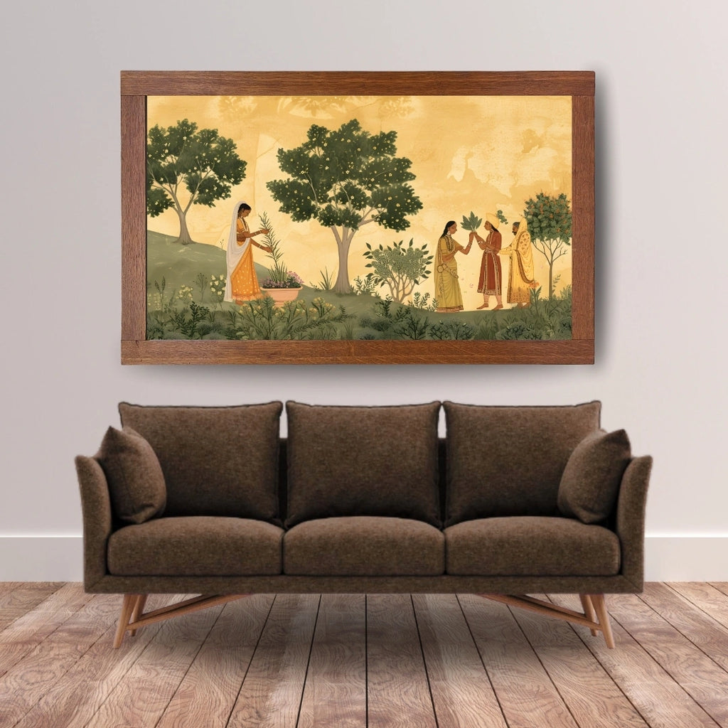 Indian Miniature Garden Scene Wall Art – 2x4 ft Traditional Rajasthani Painting Canvas | Nature & Royal Lifestyle Artwork | Made in India