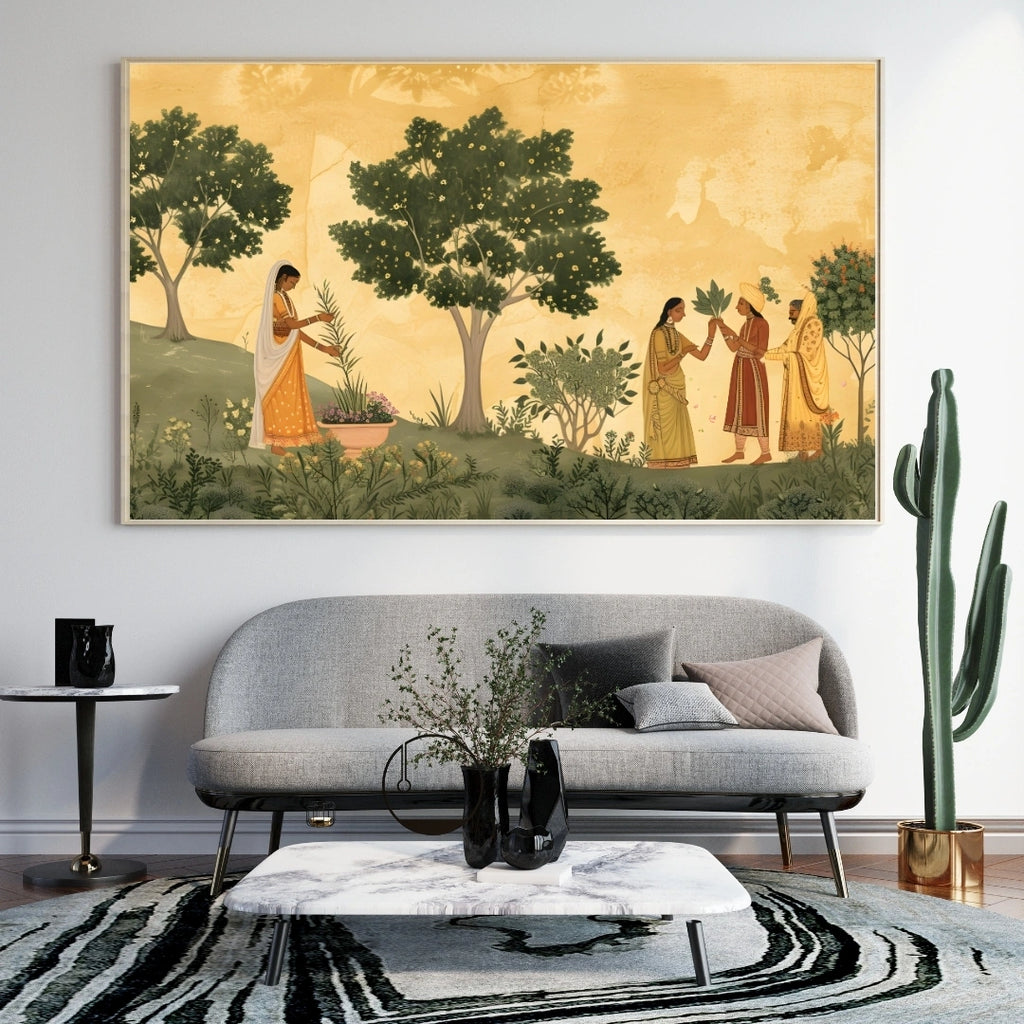 Indian Miniature Garden Scene Wall Art – 2x4 ft Traditional Rajasthani Painting Canvas | Nature & Royal Lifestyle Artwork | Made in India