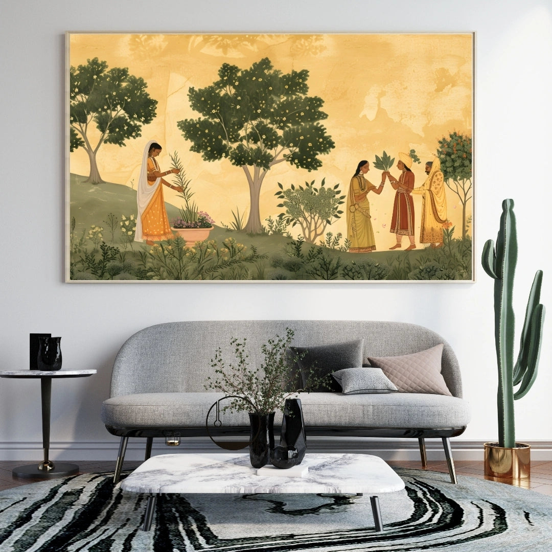Indian Miniature Garden Scene Wall Art – 2x4 ft Traditional Rajasthani Painting Canvas | Nature & Royal Lifestyle Artwork | Made in India