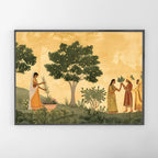 Indian Miniature Garden Scene Wall Art – 2x4 ft Traditional Rajasthani Painting Canvas | Nature & Royal Lifestyle Artwork | Made in India