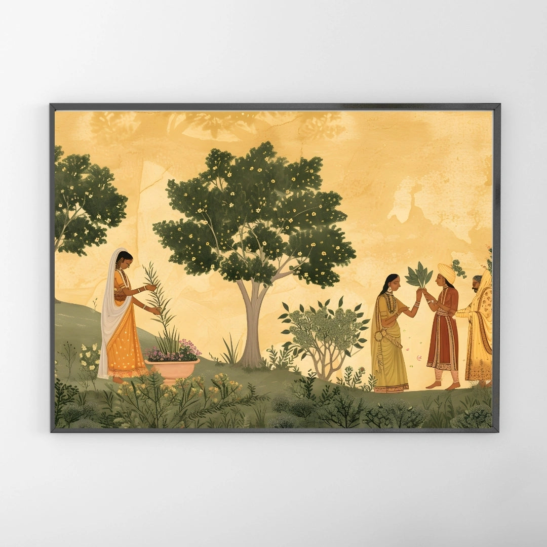 Indian Miniature Garden Scene Wall Art – 2x4 ft Traditional Rajasthani Painting Canvas | Nature & Royal Lifestyle Artwork | Made in India