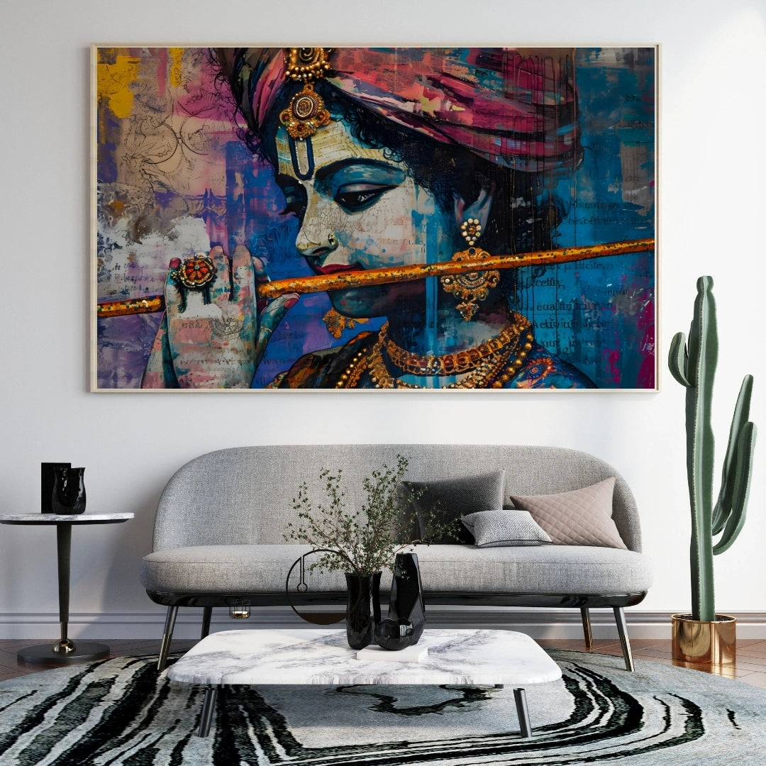Krishna Flute Portrait Wall Art – 2x4 ft Vibrant Abstract Indian God Canvas | Modern Spiritual Painting | Made in India