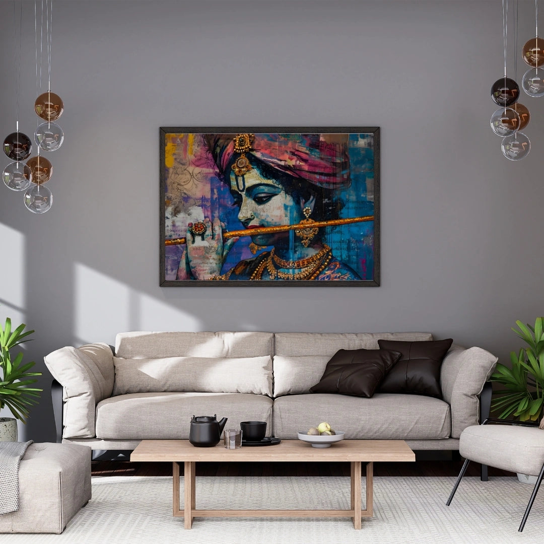 Krishna Flute Portrait Wall Art – 2x4 ft Vibrant Abstract Indian God Canvas | Modern Spiritual Painting | Made in India
