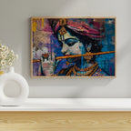 Krishna Flute Portrait Wall Art – 2x4 ft Vibrant Abstract Indian God Canvas | Modern Spiritual Painting | Made in India