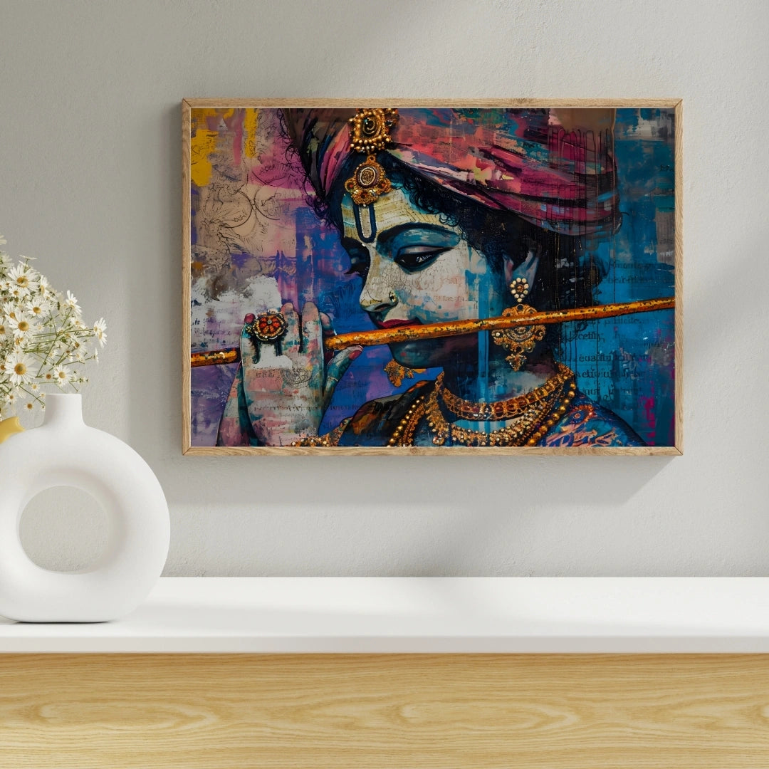 Krishna Flute Portrait Wall Art – 2x4 ft Vibrant Abstract Indian God Canvas | Modern Spiritual Painting | Made in India