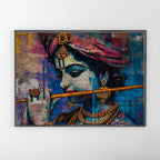 Krishna Flute Portrait Wall Art – 2x4 ft Vibrant Abstract Indian God Canvas | Modern Spiritual Painting | Made in India