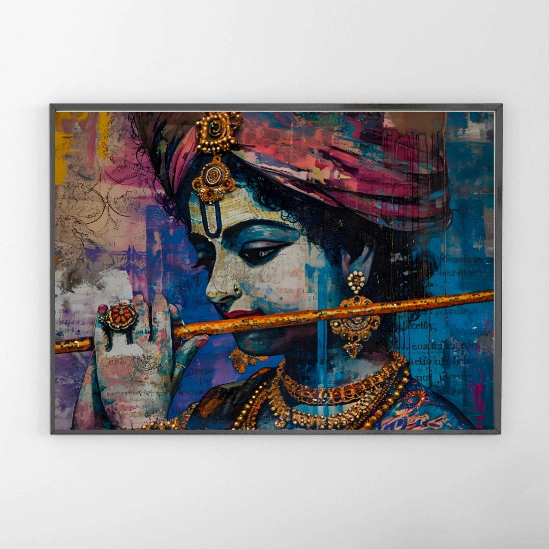 Krishna Flute Portrait Wall Art – 2x4 ft Vibrant Abstract Indian God Canvas | Modern Spiritual Painting | Made in India