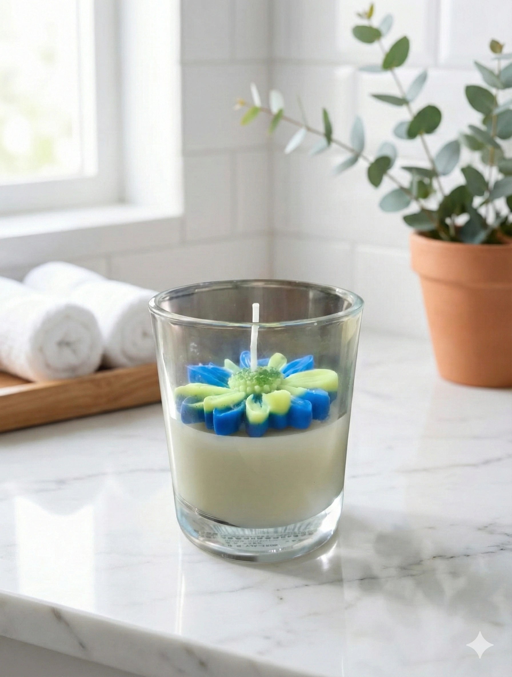 Ocean Bloom Daisy Designer Glass Candle – Premium Soy Wax Scented Candle for Home Décor & Gifting