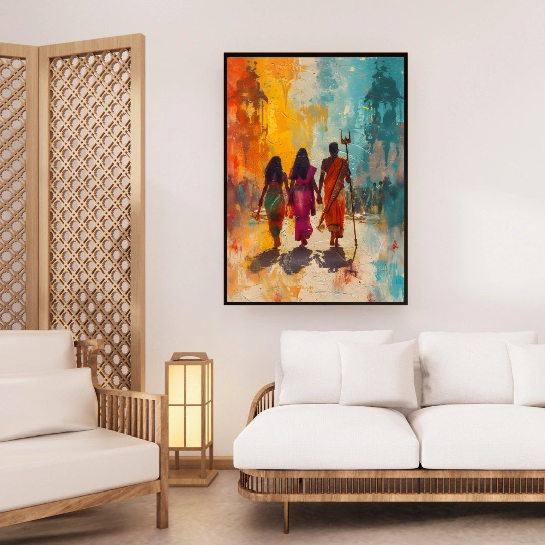 Pilgrimage Journey Wall Art – 3x2 ft Devotional Indian Canvas | Spiritual Yatra Painting | Made in India