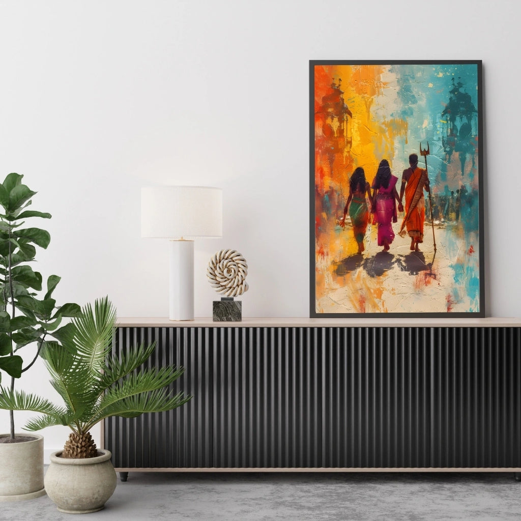 Pilgrimage Journey Wall Art – 3x2 ft Devotional Indian Canvas | Spiritual Yatra Painting | Made in India