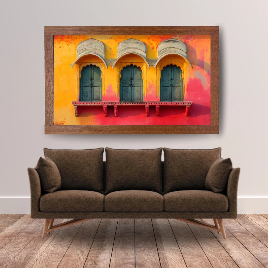 Rajasthan Heritage Windows Wall Art – 2x4 ft Vibrant Indian Architecture Canvas | Royal Haveli Decor | Made in India