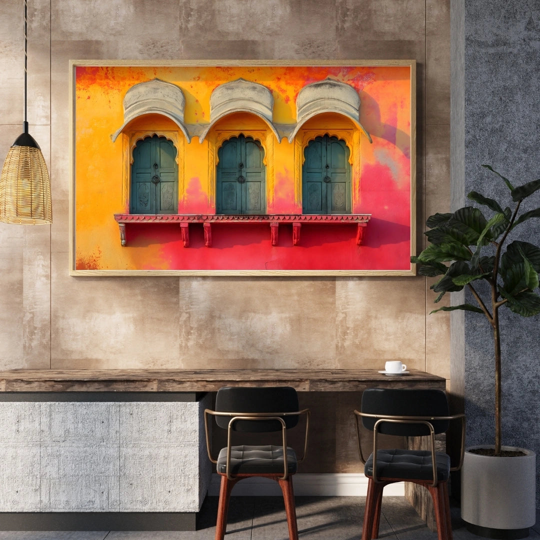 Rajasthan Heritage Windows Wall Art – 2x4 ft Vibrant Indian Architecture Canvas | Royal Haveli Decor | Made in India