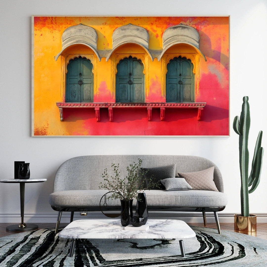 Rajasthan Heritage Windows Wall Art – 2x4 ft Vibrant Indian Architecture Canvas | Royal Haveli Decor | Made in India