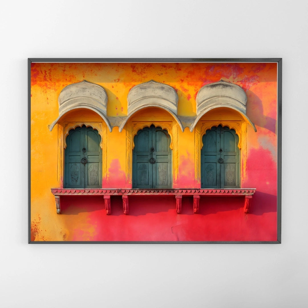 Rajasthan Heritage Windows Wall Art – 2x4 ft Vibrant Indian Architecture Canvas | Royal Haveli Decor | Made in India