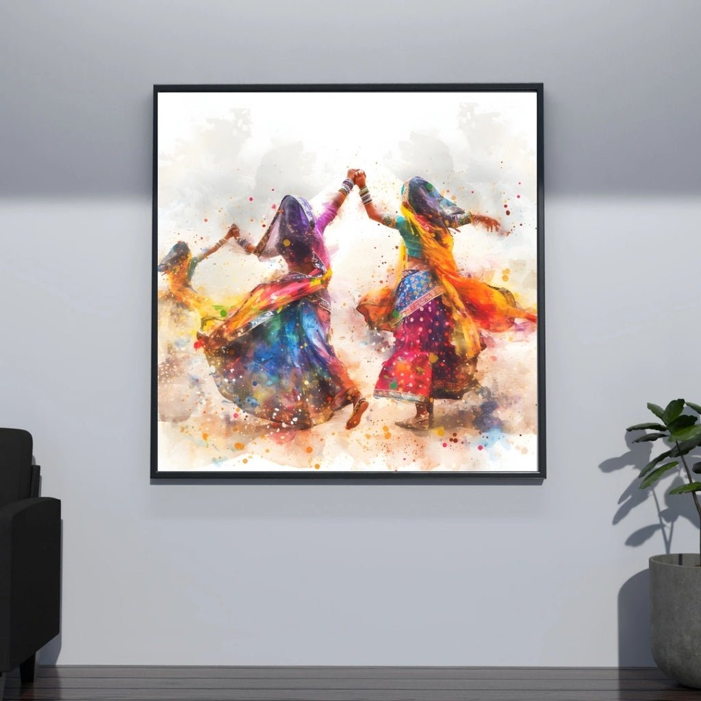 Rajasthani Folk Dance Wall Art – 3x3 ft Vibrant Garba & Ghoomar Canvas | Colorful Indian Culture Painting | Made in India