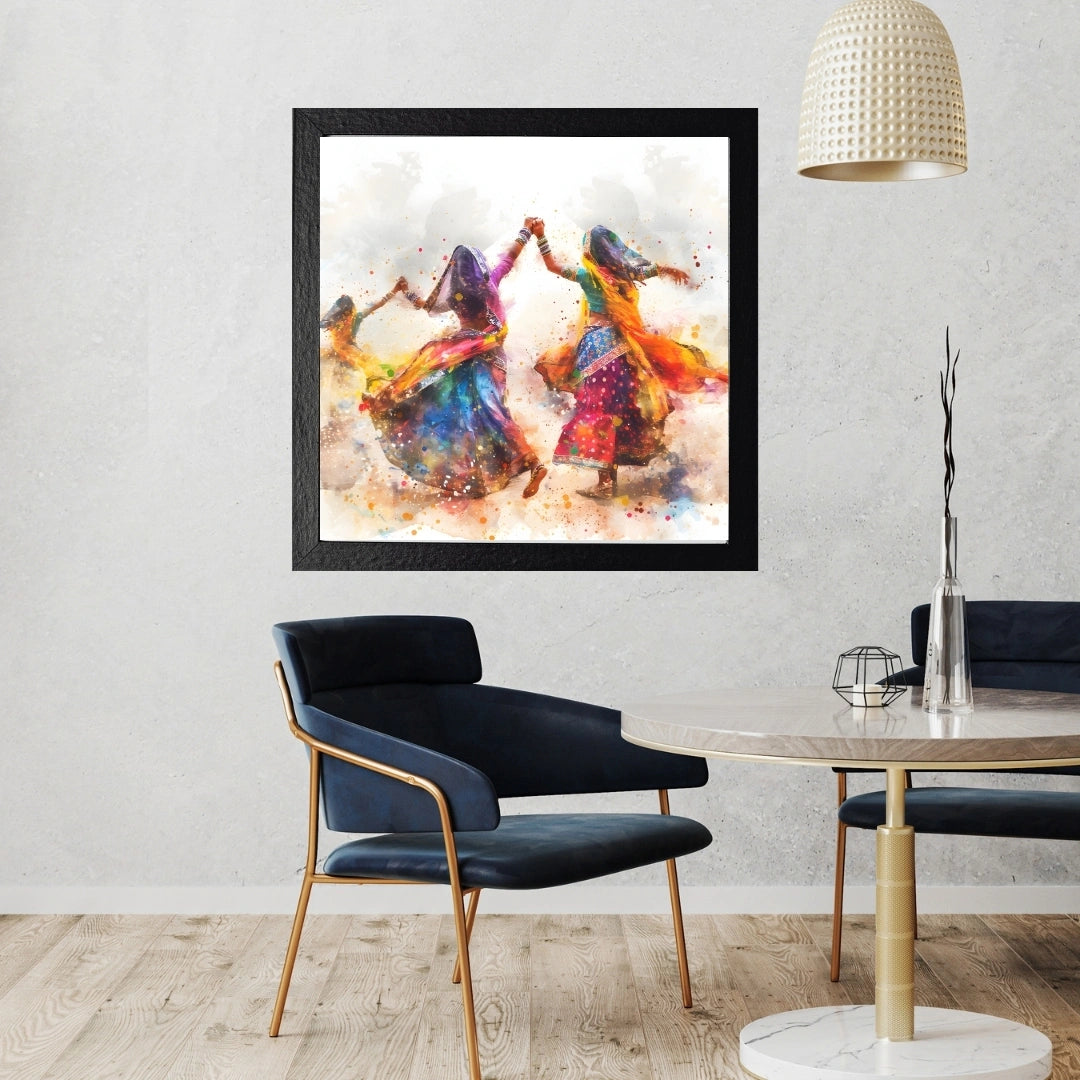 Rajasthani Folk Dance Wall Art – 3x3 ft Vibrant Garba & Ghoomar Canvas | Colorful Indian Culture Painting | Made in India