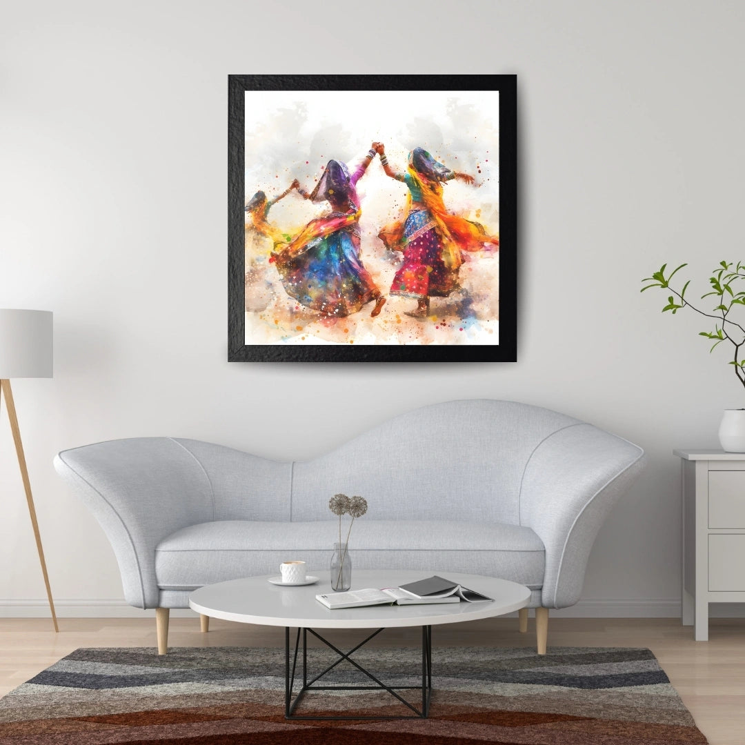 Rajasthani Folk Dance Wall Art – 3x3 ft Vibrant Garba & Ghoomar Canvas | Colorful Indian Culture Painting | Made in India
