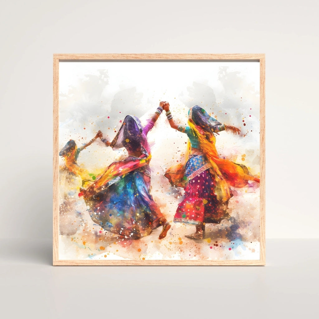 Rajasthani Folk Dance Wall Art – 3x3 ft Vibrant Garba & Ghoomar Canvas | Colorful Indian Culture Painting | Made in India