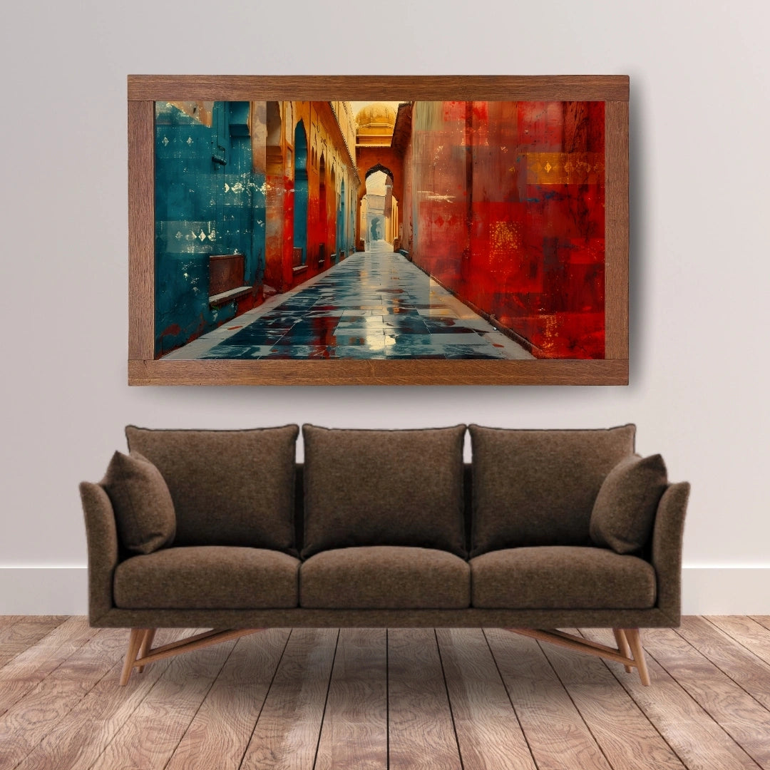 Rajasthani Heritage Alley Wall Art – 2x4 ft Vibrant Old City Pathway Canvas | Colorful Indian Architecture Painting | Made in India