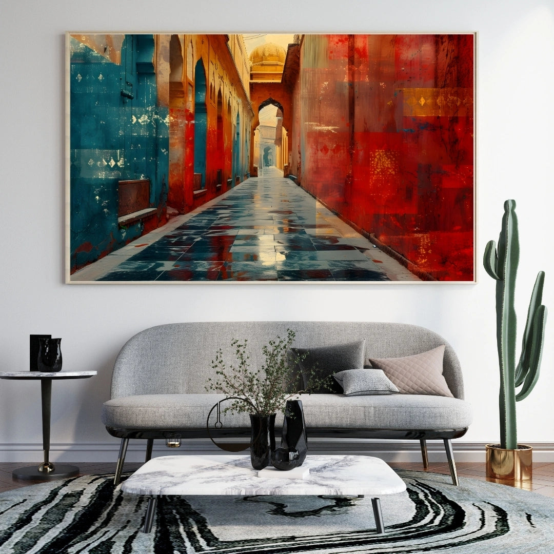 Rajasthani Heritage Alley Wall Art – 2x4 ft Vibrant Old City Pathway Canvas | Colorful Indian Architecture Painting | Made in India