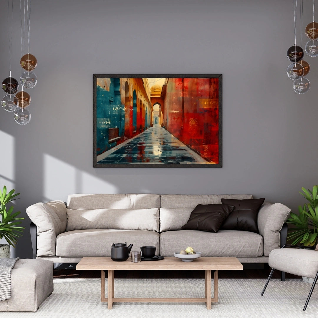 Rajasthani Heritage Alley Wall Art – 2x4 ft Vibrant Old City Pathway Canvas | Colorful Indian Architecture Painting | Made in India