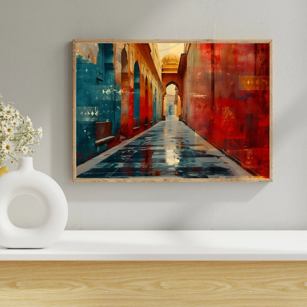 Rajasthani Heritage Alley Wall Art – 2x4 ft Vibrant Old City Pathway Canvas | Colorful Indian Architecture Painting | Made in India