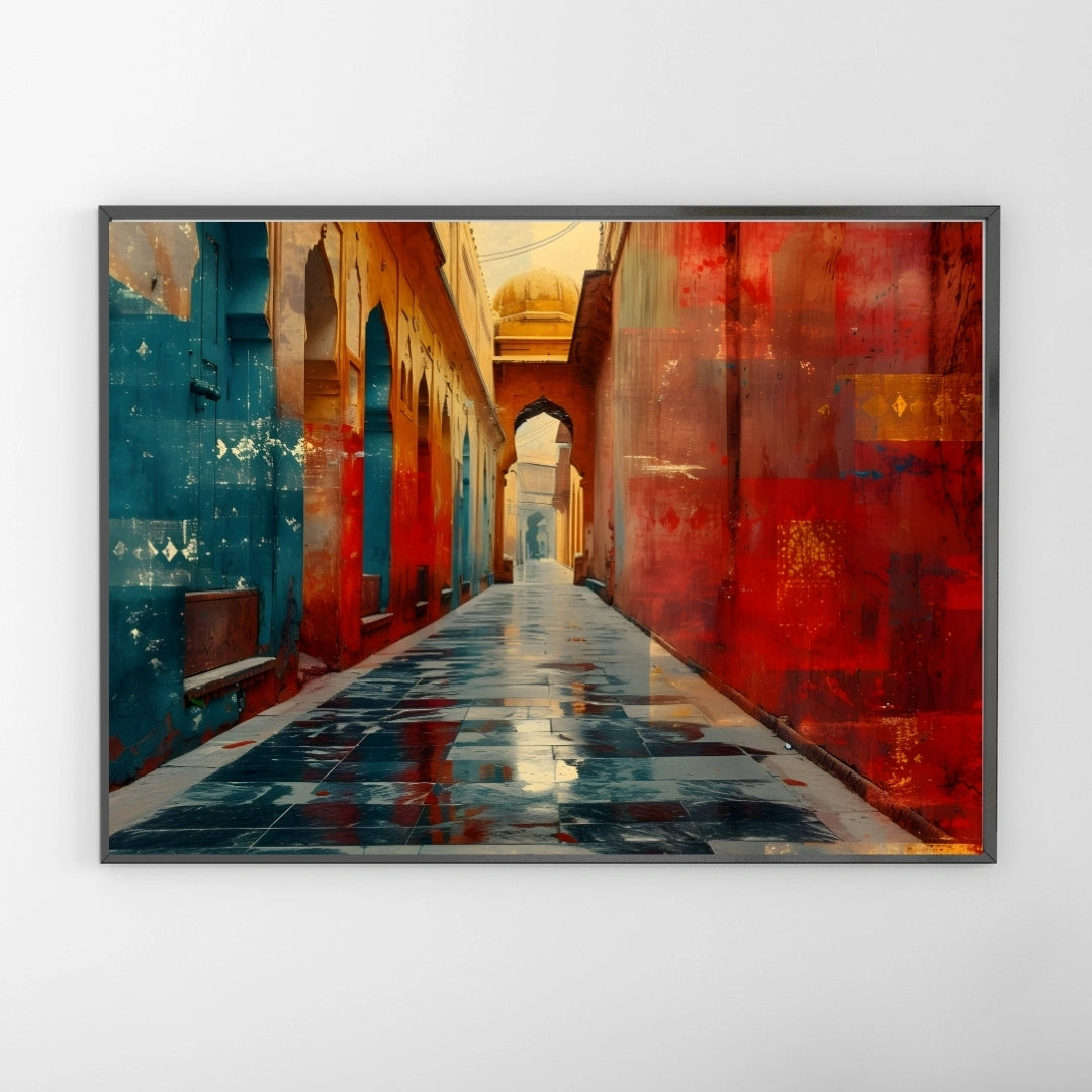 Rajasthani Heritage Alley Wall Art – 2x4 ft Vibrant Old City Pathway Canvas | Colorful Indian Architecture Painting | Made in India