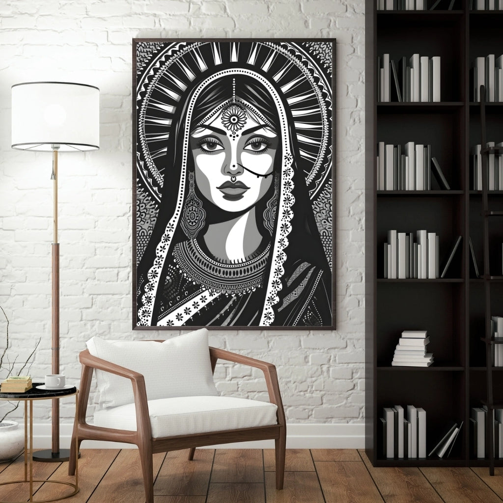 Royal Indian Woman Portrait Wall Art – 2x4 ft Black & White Ethnic Illustration Canvas | Traditional Bridal Artwork | Made in India
