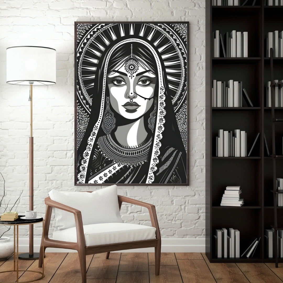 Royal Indian Woman Portrait Wall Art – 2x4 ft Black & White Ethnic Illustration Canvas | Traditional Bridal Artwork | Made in India
