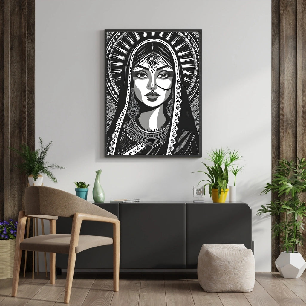 Royal Indian Woman Portrait Wall Art – 2x4 ft Black & White Ethnic Illustration Canvas | Traditional Bridal Artwork | Made in India