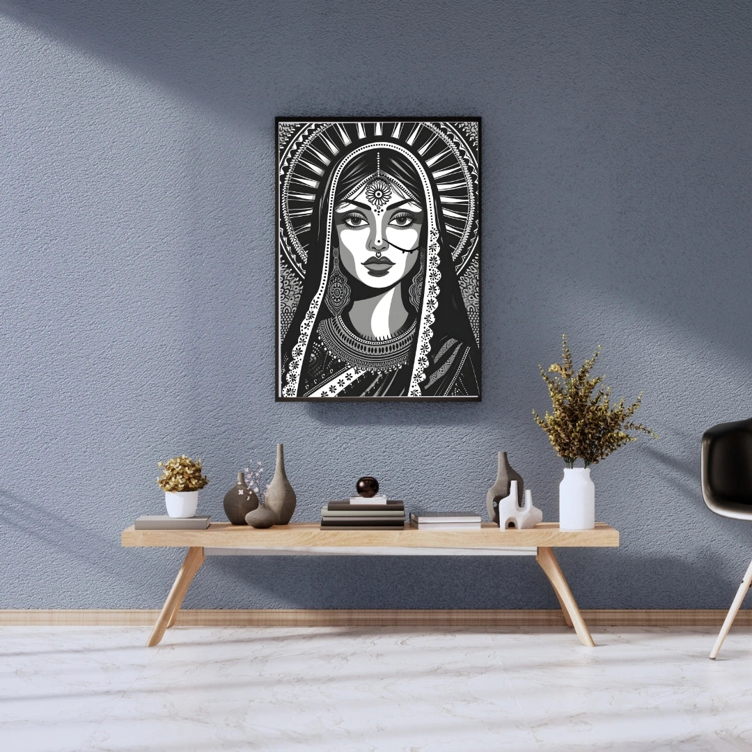 Royal Indian Woman Portrait Wall Art – 2x4 ft Black & White Ethnic Illustration Canvas | Traditional Bridal Artwork | Made in India