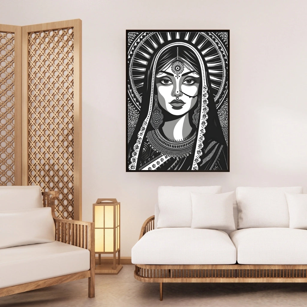 Royal Indian Woman Portrait Wall Art – 2x4 ft Black & White Ethnic Illustration Canvas | Traditional Bridal Artwork | Made in India