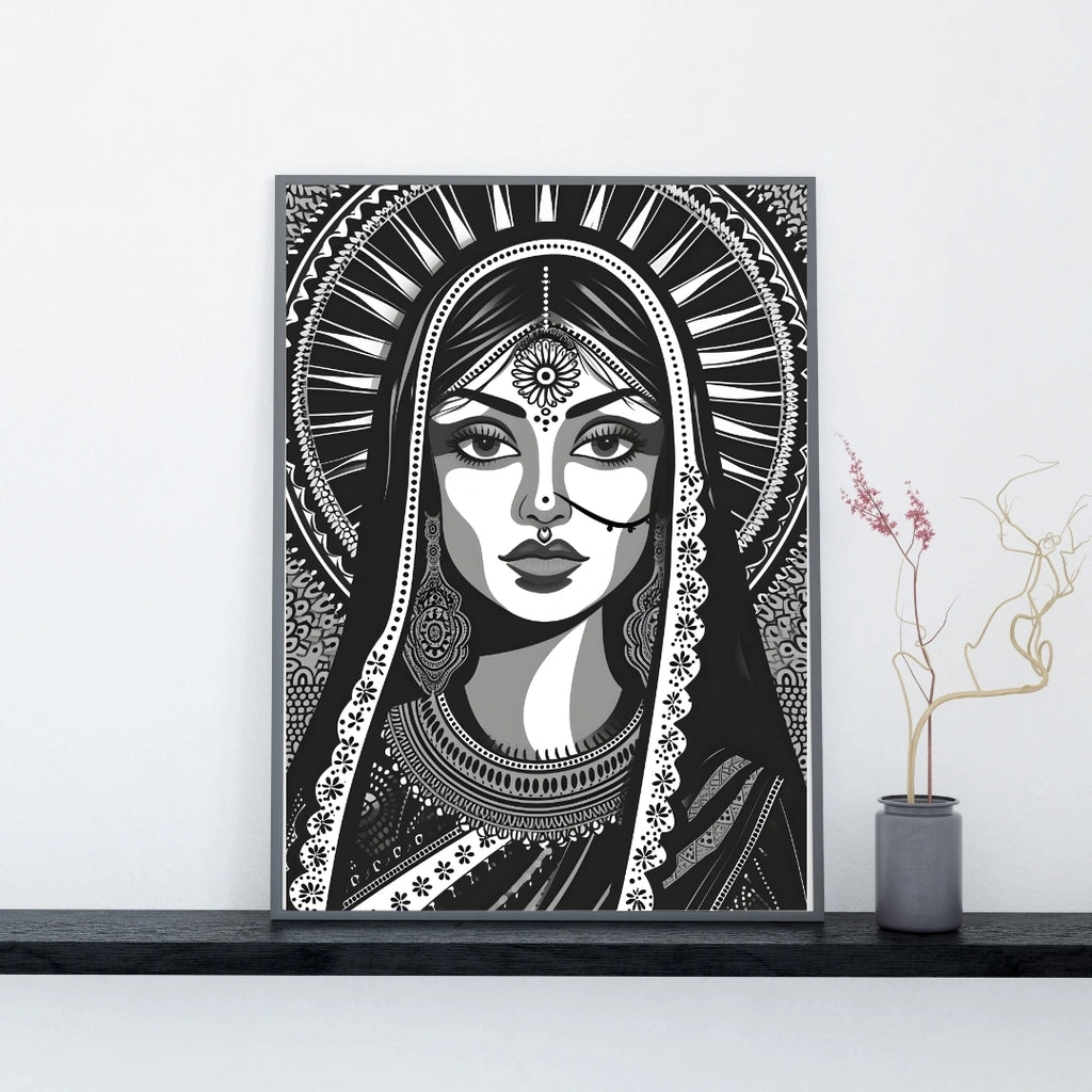 Royal Indian Woman Portrait Wall Art – 2x4 ft Black & White Ethnic Illustration Canvas | Traditional Bridal Artwork | Made in India