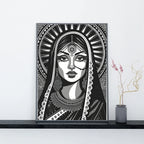 Royal Indian Woman Portrait Wall Art – 2x4 ft Black & White Ethnic Illustration Canvas | Traditional Bridal Artwork | Made in India