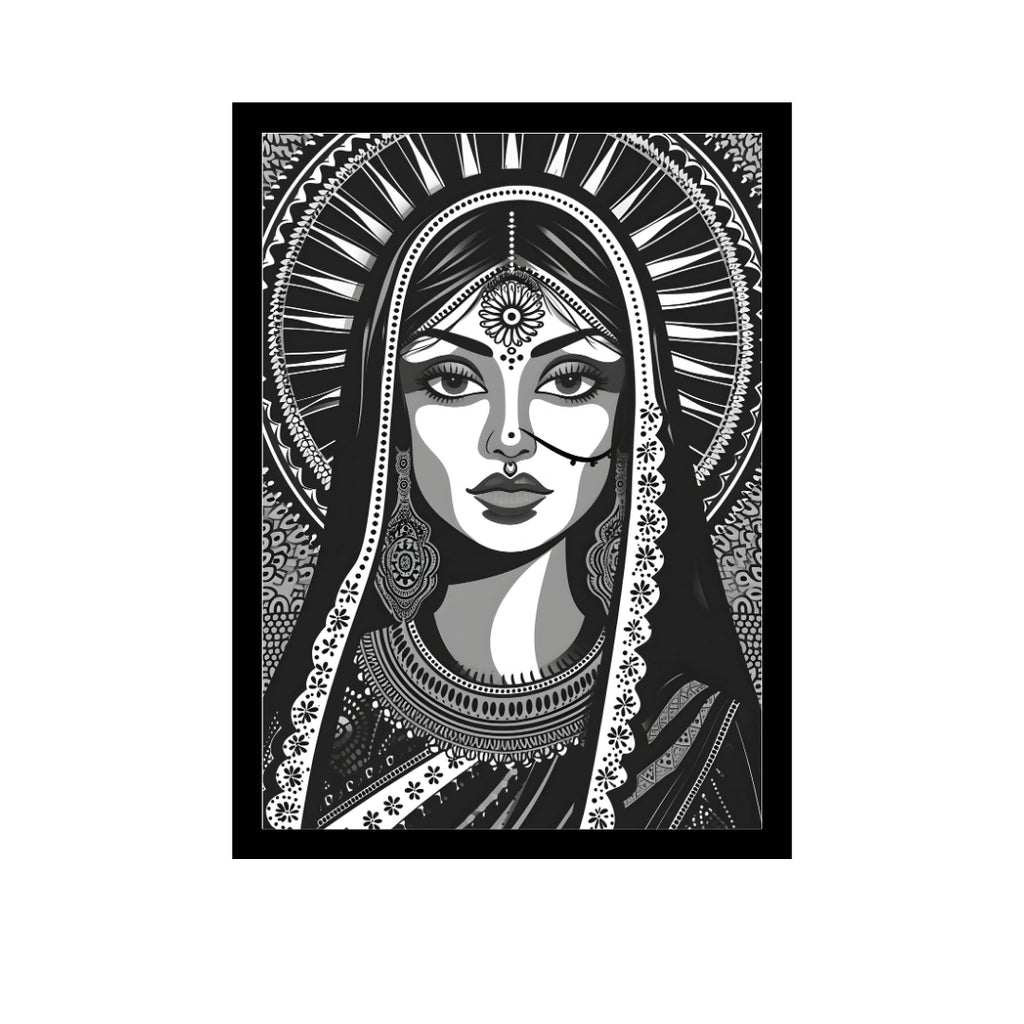 Royal Indian Woman Portrait Wall Art – 2x4 ft Black & White Ethnic Illustration Canvas | Traditional Bridal Artwork | Made in India