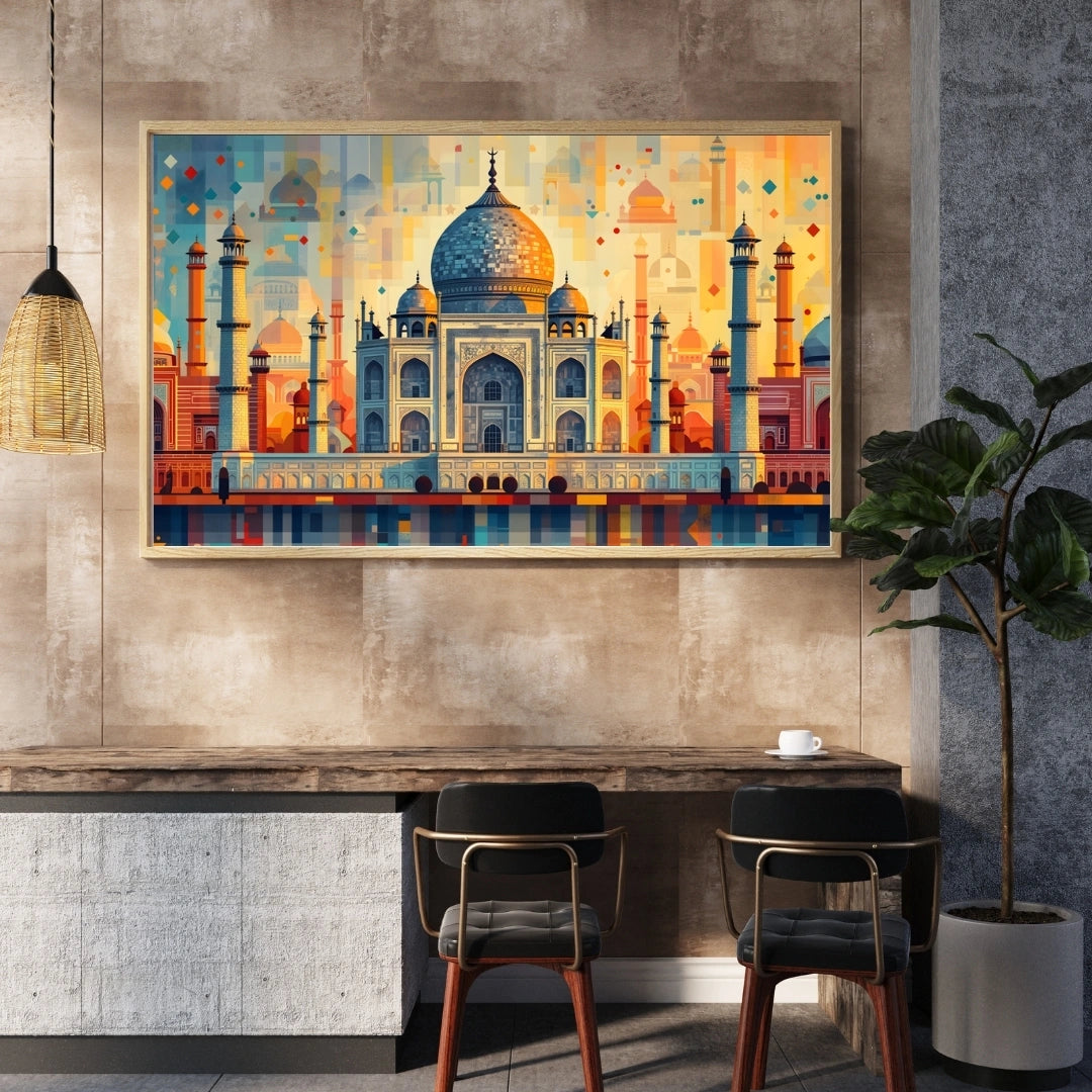 Taj Mahal Mosaic Wall Art – 2x4 ft Modern India Architecture Canvas | Geometric Mughal Heritage Artwork | Made in India
