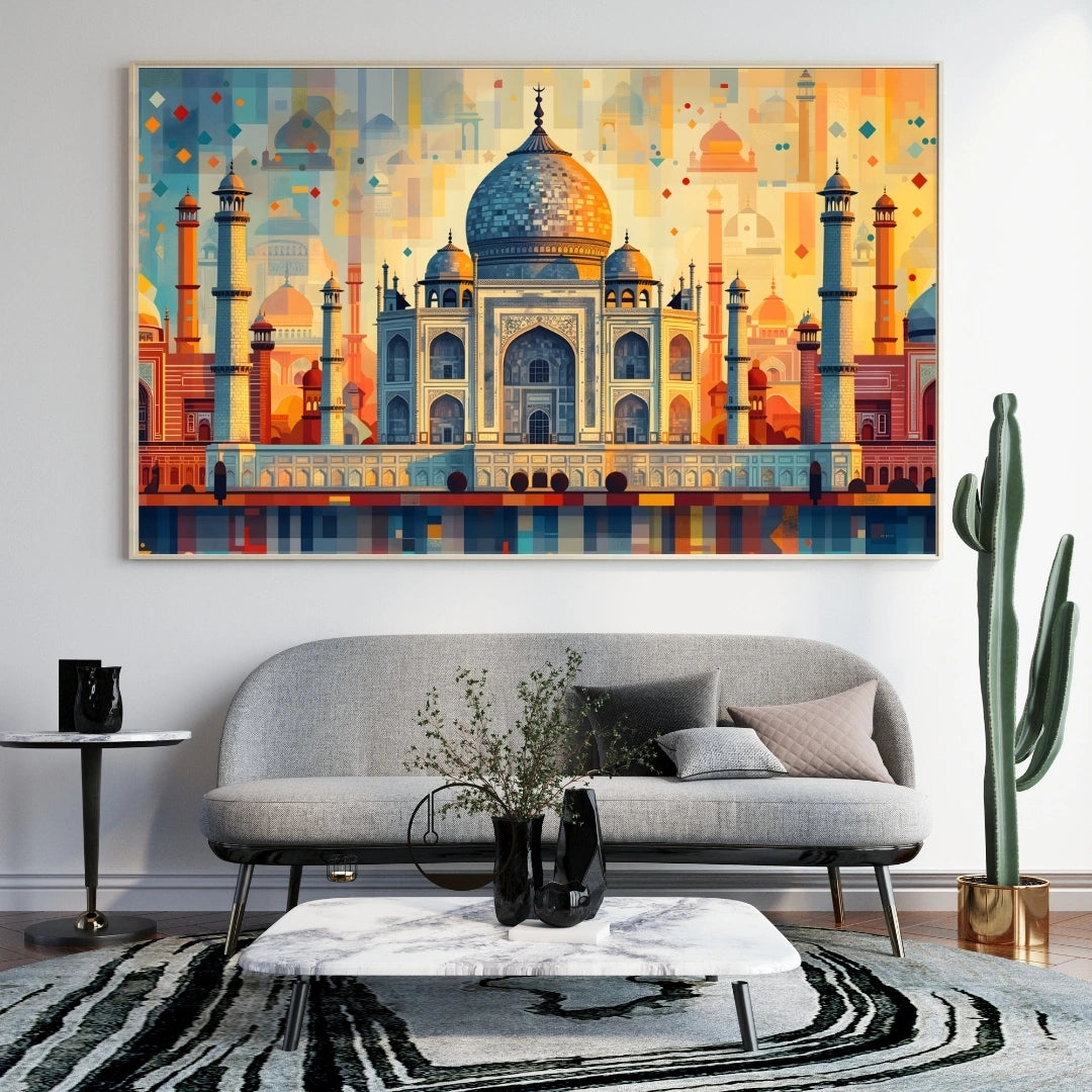 Taj Mahal Mosaic Wall Art – 2x4 ft Modern India Architecture Canvas | Geometric Mughal Heritage Artwork | Made in India