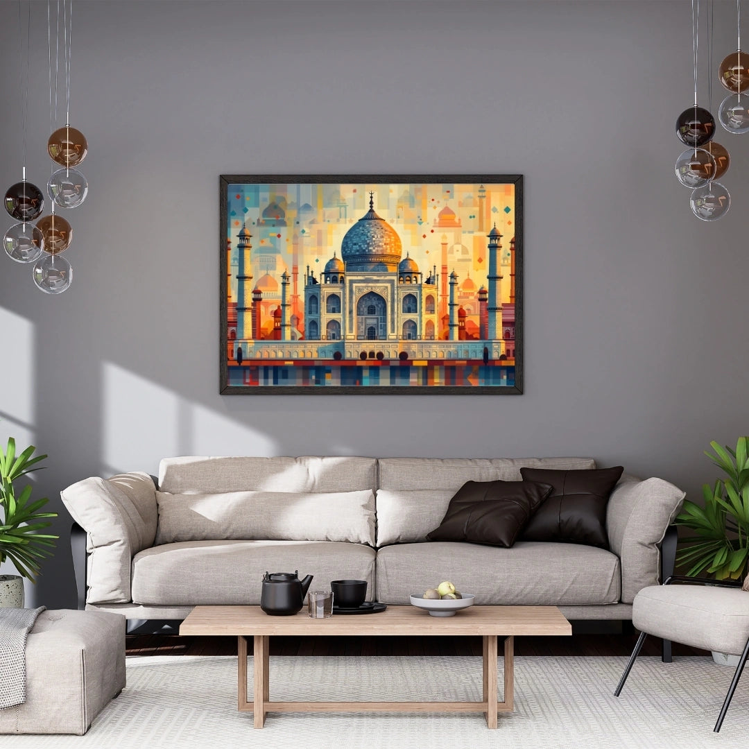 Taj Mahal Mosaic Wall Art – 2x4 ft Modern India Architecture Canvas | Geometric Mughal Heritage Artwork | Made in India