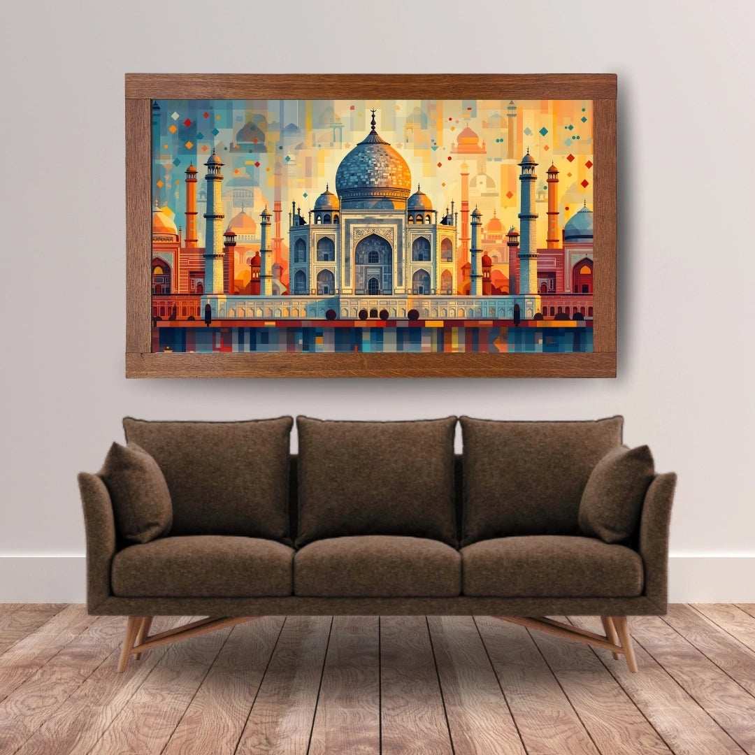 Taj Mahal Mosaic Wall Art – 2x4 ft Modern India Architecture Canvas | Geometric Mughal Heritage Artwork | Made in India