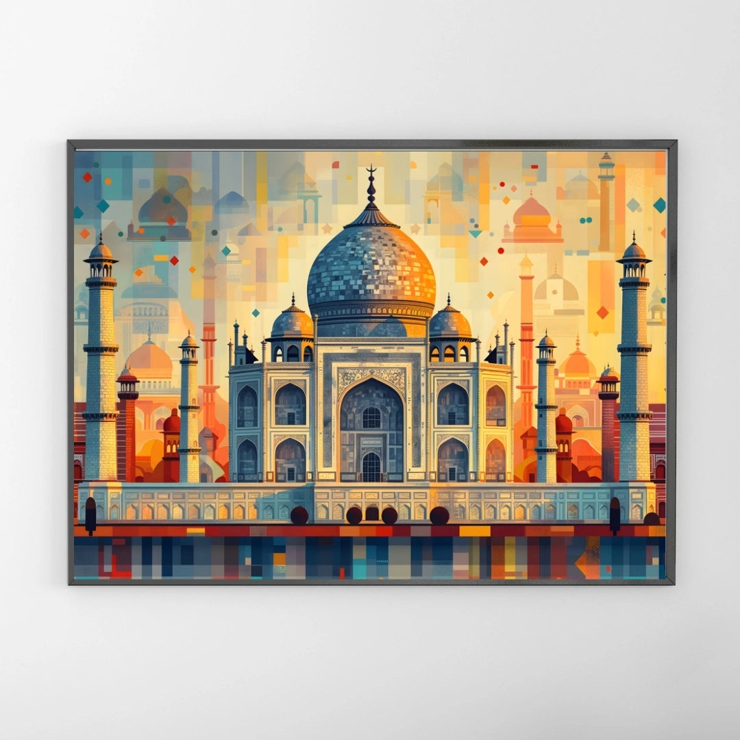 Taj Mahal Mosaic Wall Art – 2x4 ft Modern India Architecture Canvas | Geometric Mughal Heritage Artwork | Made in India